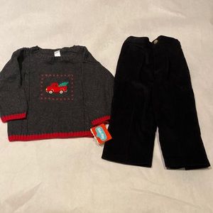 Vintage Red Truck Holiday Infant Sweater Outfit with Black Corduroy Pant- 18 mon